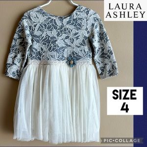 LAURA ASHLEY London Girls Dress Blue Cream Long Sleeve Flower Lace Tulle Lined 4